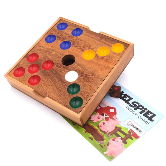 Das Ferkelspiel aus Holz mit Anleitung und Würfel.